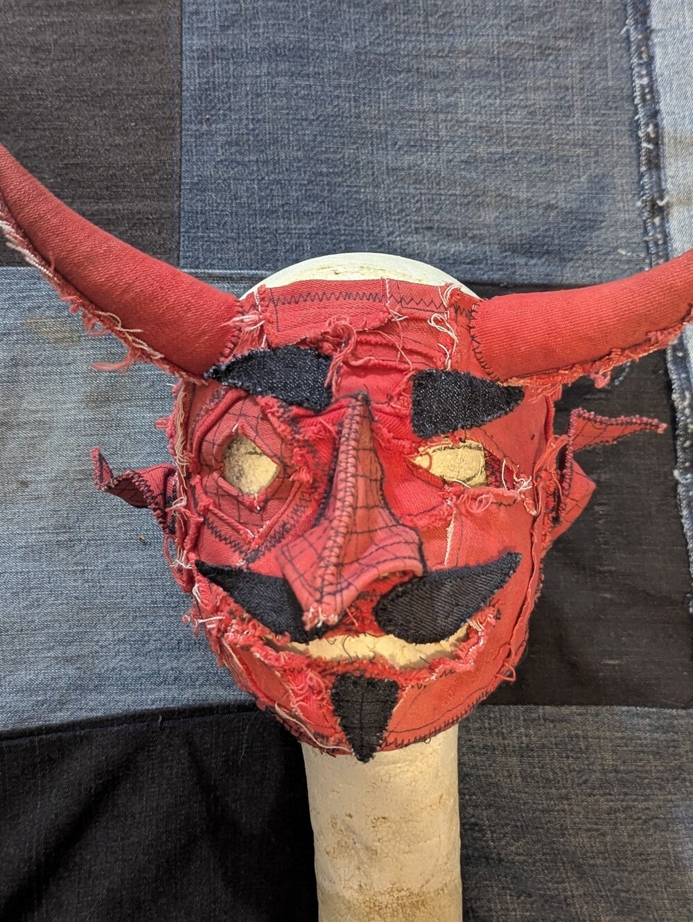 Handmade Distressed Patchwork Red Halloween Devil Mask